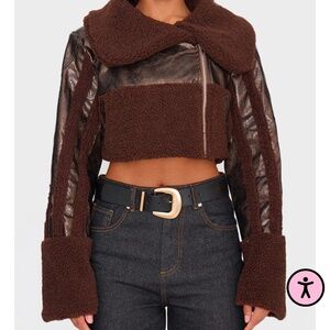 CHOCOLATE BORG TRIM TEXTURED LOOK FAUX LEATHER AVIATOR JACKET